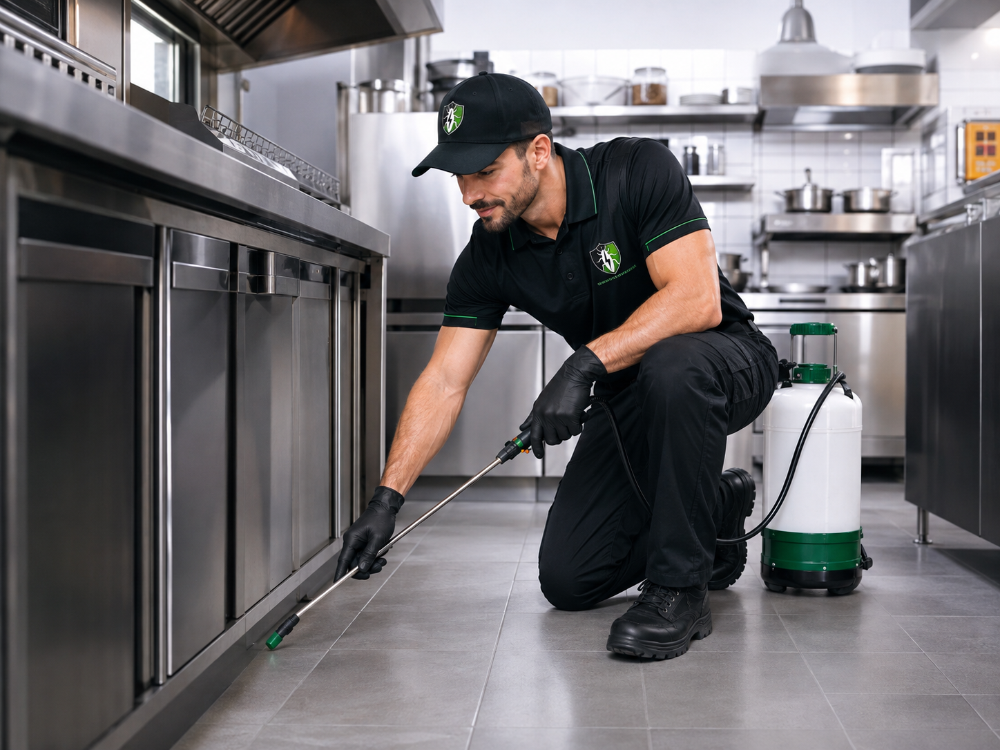 Técnico realizando controle de pragas em cozinha comercial