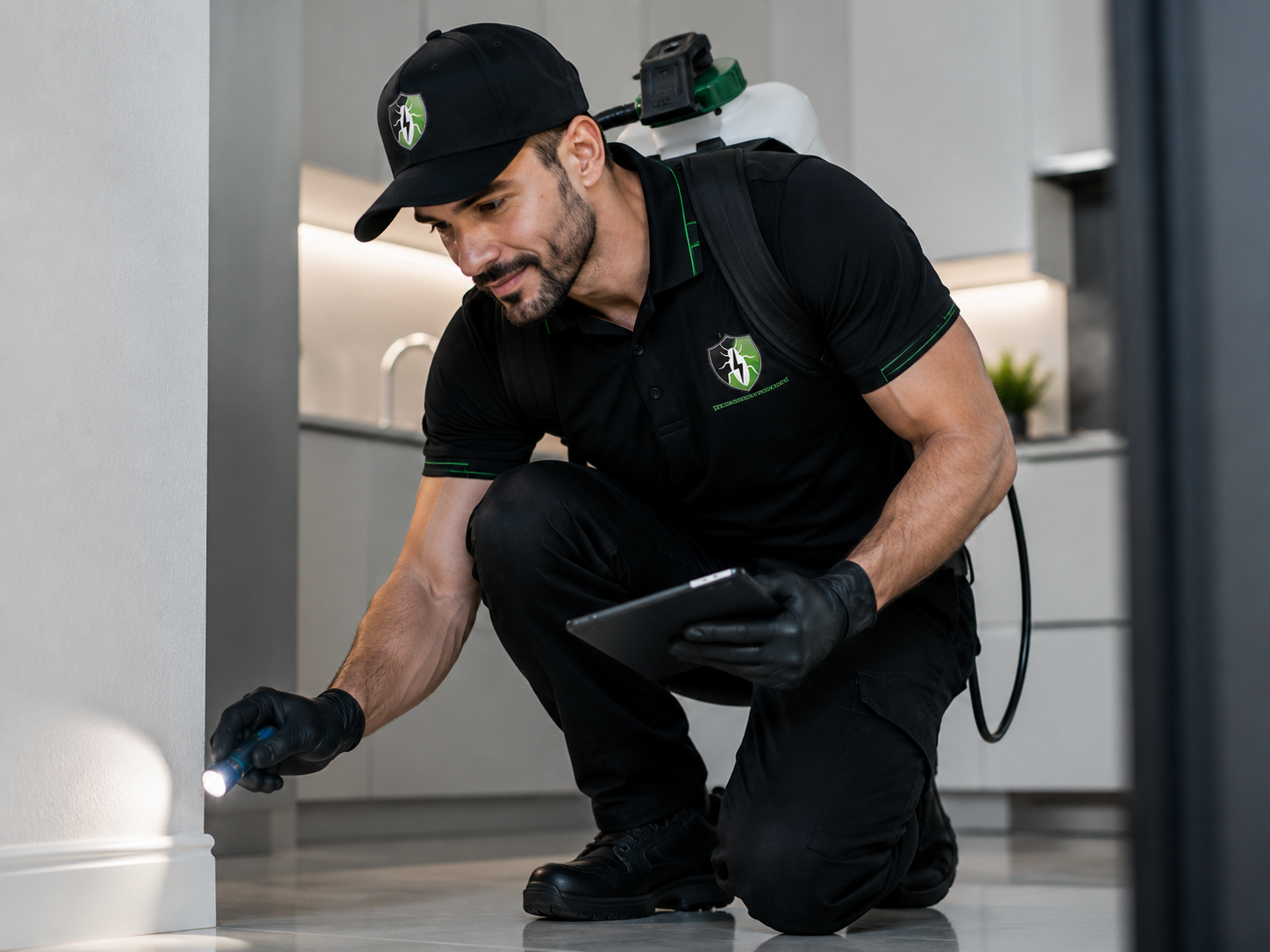 Técnico inspecionando ambiente em busca de pragas
